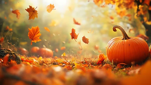 Autumn pumpkin rests under swirling golden maple leaves.
