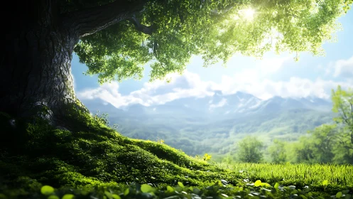 Ancient hillside guardian tree basking above emerald valleys.