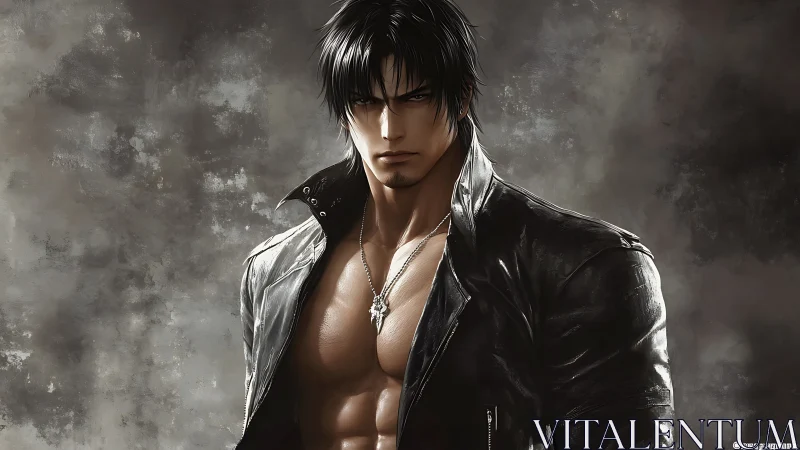 Male figure in leather jacket against textured backdrop.