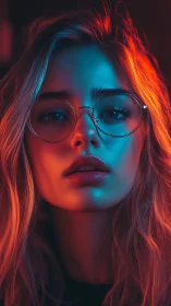 Neon rim-lit portrait renders bi-color cinematic facial close-up