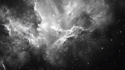 Monochrome nebula cloud expands through dense star field