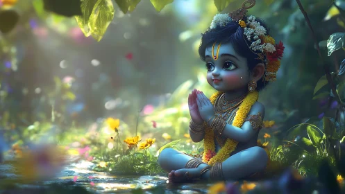 Divine child in forest glade with golden garlands praying.