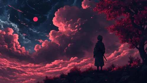 Crimson clouds curl as a lone swordsman studies the red moon