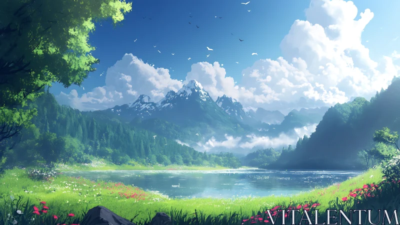 Mountain lake landscape sits below cloud filled summer sky