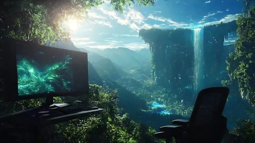 Computer workspace overlooking vast fantasy jungle valley.