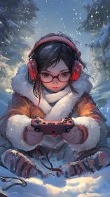 Snowfield gamer with red headset and controller focus lock.