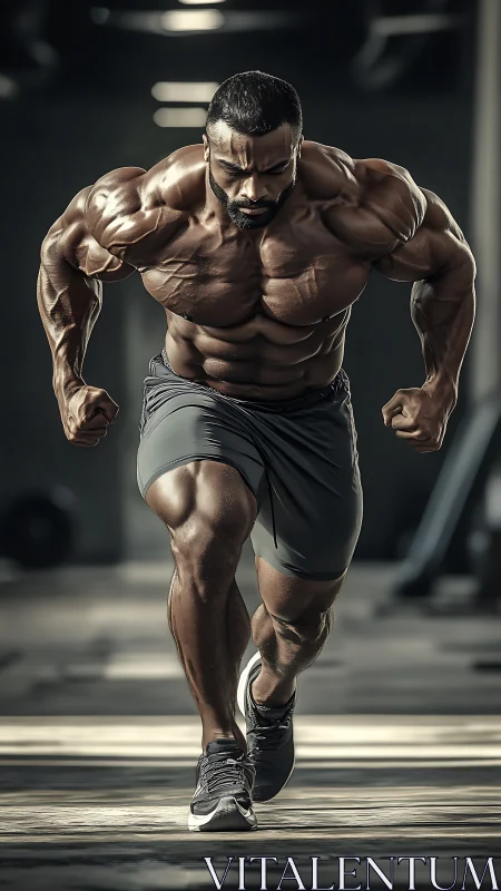Muscular sprinter powers forward under dramatic gym light.
