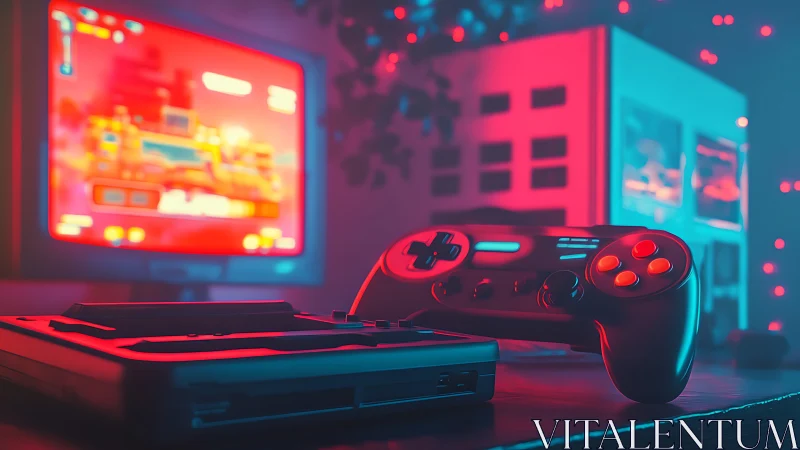 Retro gaming controller under neon cyan and magenta glow.