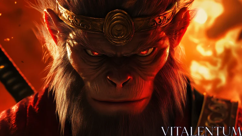 Fiery warrior monkey king portrait in blazing inferno.