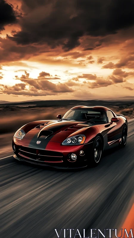 Red sports coupe driving under dramatic sunset sky.