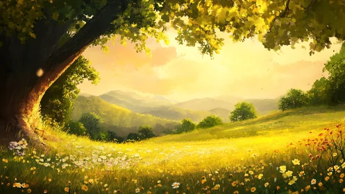 Golden meadow opens beneath sunlit tree and distant hills.