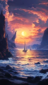 Digital seascape with luminous sunset and sailing vessels.