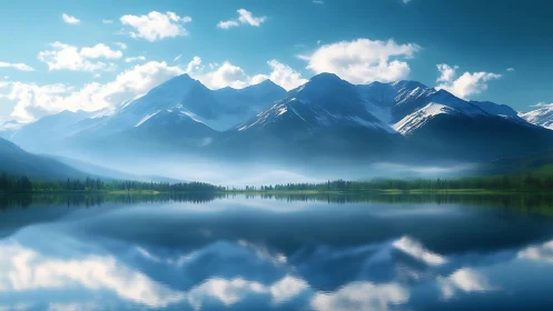 Snowcapped mountain range mirrored on still blue lake.