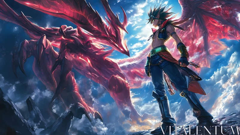 Skybound hero meets crimson dragon in stormlit showdown.