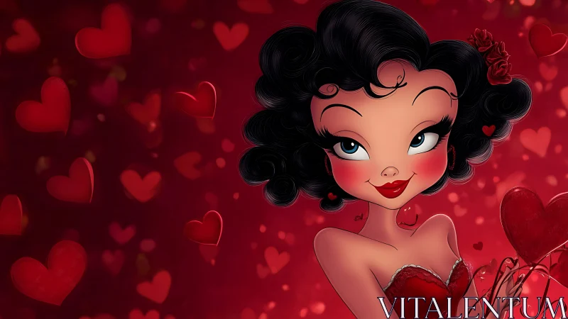 Retro Pin-Up Character Surrounded by Romantic Hearts