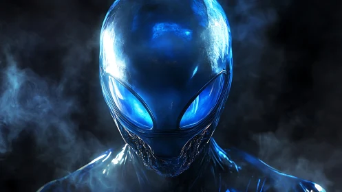 Chrome-eyed alien sentinel studies the drifting human horizon