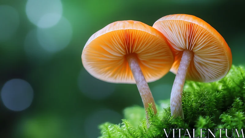 Two orange mushrooms in close-up macro forest view.