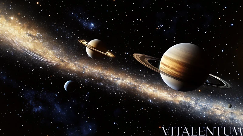 Ringed gas giants align along dense galactic starfield