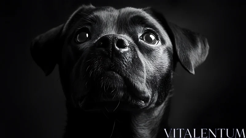 Glistening-eyed black dog in dramatic low-key portrait.