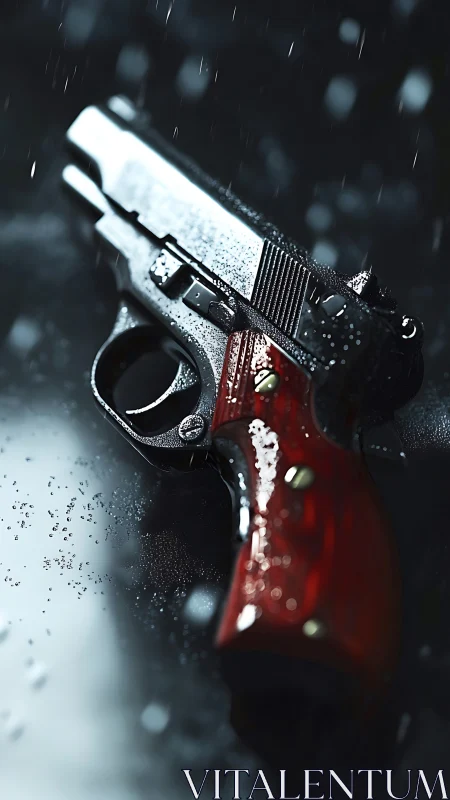 Wet handgun rests in cinematic rain-soaked close-up view