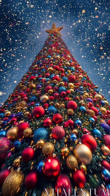 Towering festive tree with multicolored ornaments and star top.