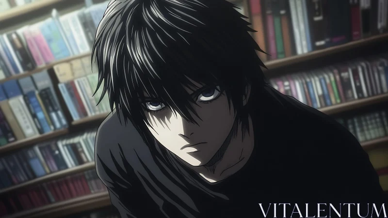 Intense anime bookworm lost in deep, shadowy thought.