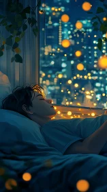 Person sleeps by window as city lights and bokeh glow