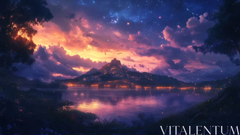 Enchanted lakeside city glows beneath twilight nebula sky