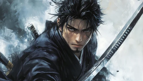 Determined swordsman steps forward with calm, fierce resolve.