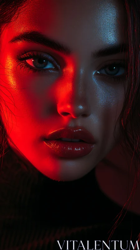 Intense red and teal lighting sculpts a cinematic close portrait
