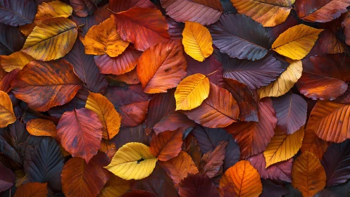Forest floor quilt of jewel toned autumn leaves in drizzle.