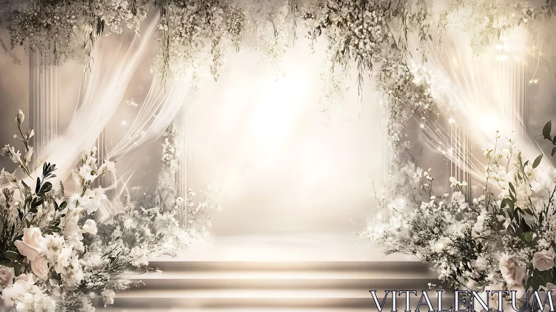 Ethereal wedding altar glows amid cascading white blossoms