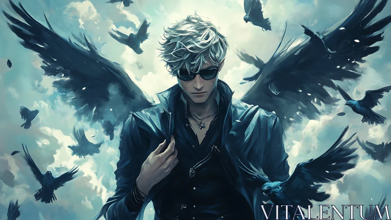 Silver haired antihero with raven wings in dynamic sky vortex
