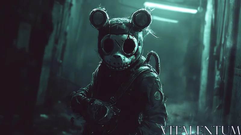 Post-apocalyptic figure in mouse gas mask standing alone.