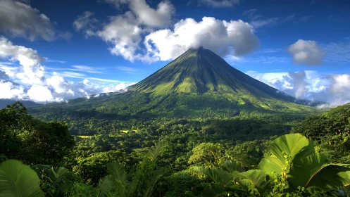 Lush volcanic mountain rising above dense green rainforest.