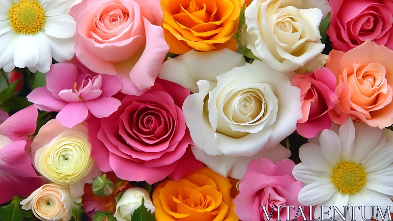 Multi-hued floral arrangement with roses, ranunculus, daisies, botanical palette study