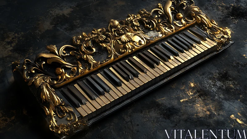 Ornate gold piano keyboard on dark textured background.