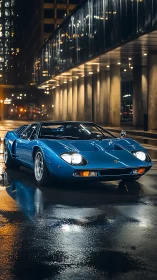Midnight blue supercar prowls neon-washed corporate canyons.