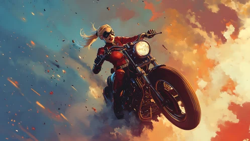 Aerodynamic masked rider on ascending motorcycle in clouds.