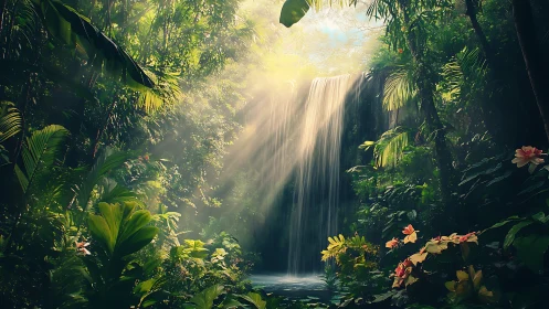 Sunlit jungle cascade bathing orchids in emerald hush.