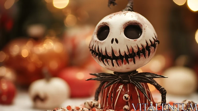 Macabre pumpkin-headed figurine rendered in shallow focus bokeh