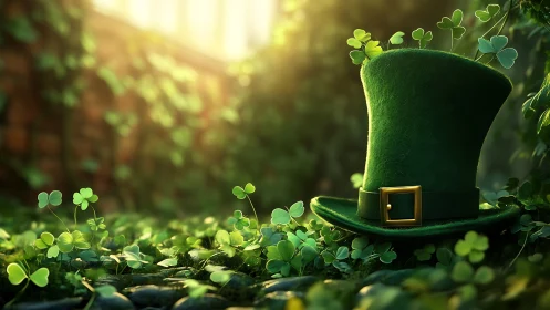 Green top hat among clover under soft sunlight outdoors.