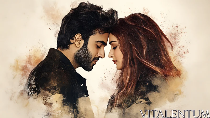 Couple in profile with watercolor dispersal effect and neutral background.