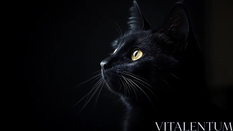 Black Feline Portrait with Luminous Amber Eyes Against Dark Background