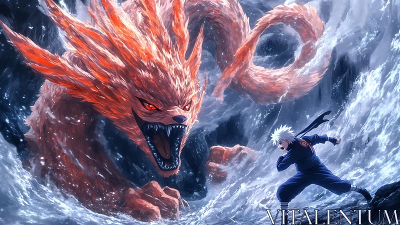 Fiery fox spirit surges from stormy waves toward brave hero.