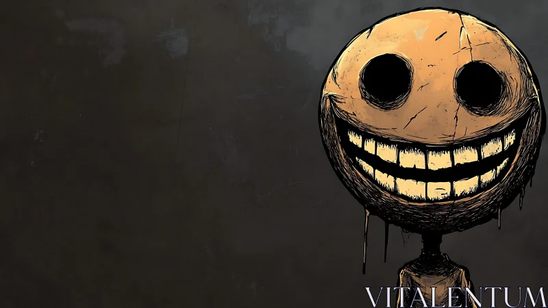 Distressed grunge smiley head with exaggerated carved teeth dominates