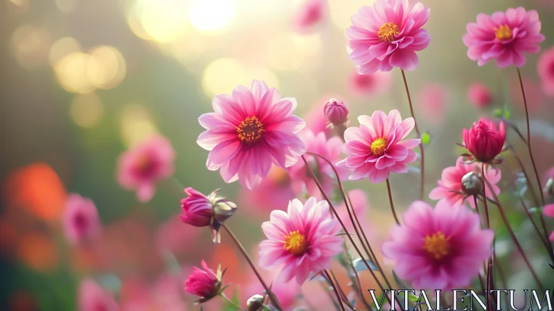Pink Dahlias Dance in Soft Golden Light.