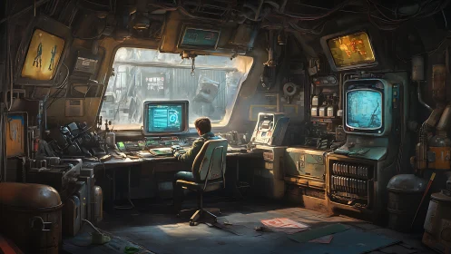 Person works at cluttered retro-futuristic control workstation