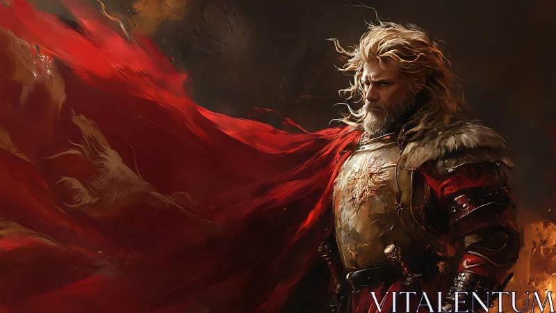 Storm-hearted warrior wrapped in wild crimson wind.