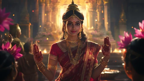 Indian classical dancer in ornate temple interior setting.